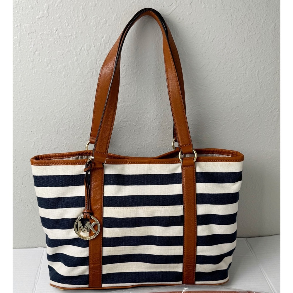Michael Kors cognac white navy blue stripe tote bag